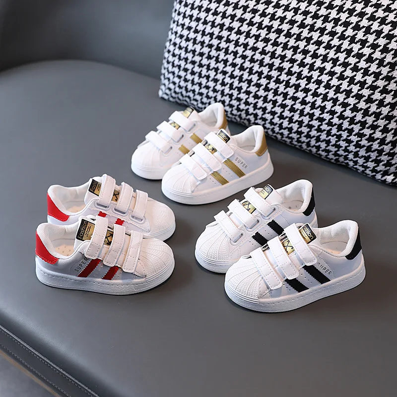 Tênis Infantil Design Fashion para Crianças, Branco, Antiderrapante, Sapatos Casuais para Meninos e Meninas, Fechamento por Hook, Tênis Respirável para Crianças.